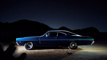 Retro car on the beach with starry sky in the backgroundの素材