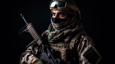 Army soldier in combat uniforms with assault rifle, plate carrier and combat helmet, with a Shemagh Kufiya scarf on his neck against a dark backgroundの素材