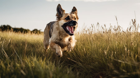 Happy pet dog puppy frolicking in the grass, a picture of pure bliss as it dashes across the verdant fieldの素材
