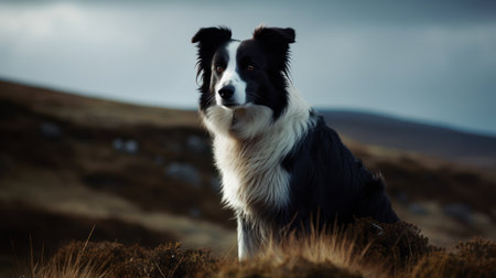 Border Collie standing against a sweeping landscape, its majestic stance exuding a captivating aura of alertness and athleticismの素材