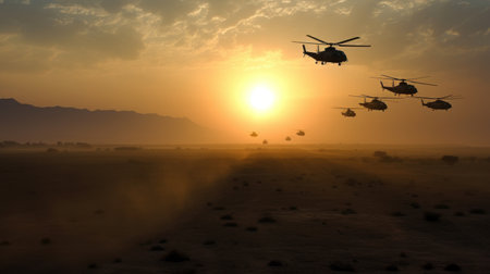 Military and helicopter troops on the way to the battlefield at sunsetの素材