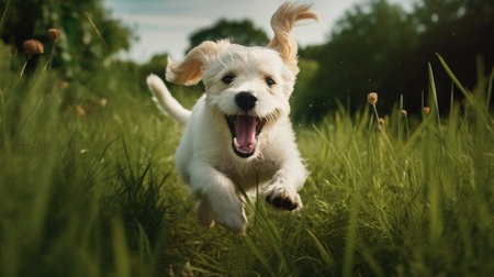 Happy pet dog puppy frolicking in the grass, a picture of pure bliss as it dashes across the verdant fieldの素材