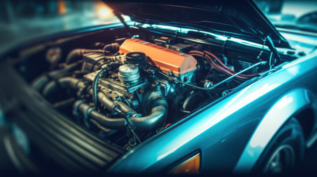 Close up of the engine of a modern car. Selective focus.の素材
