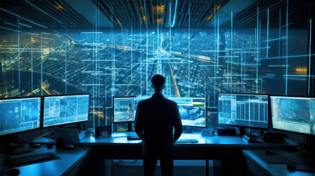 Military Surveillance Officer working on a city tracking operation in a Central Office Hub for Cyber Control and Monitoringの素材