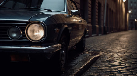Vintage car on the street in the evening. vintage carの素材