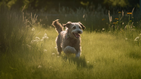 Happy pet dog puppy frolicking in the grass, a picture of pure bliss as it dashes across the verdant fieldの素材