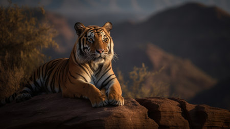 Bengal Tiger, its head raised proudly, oversees its territory from a high rocky perchの素材