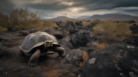 A Galapagos Tortoise, traversing the volcanic landscape, each step reverberating with centuries of existenceの素材