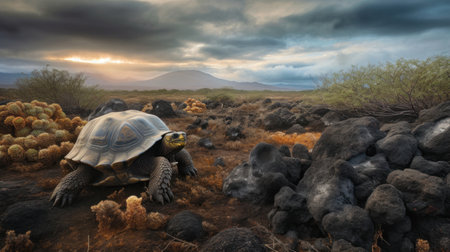 A Galapagos Tortoise, traversing the volcanic landscape, each step reverberating with centuries of existenceの素材