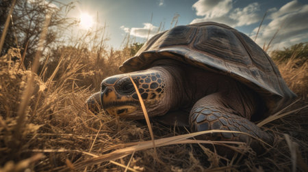 A Galapagos Tortoise, basking under the midday sun on a bed of sun-dried grassの素材