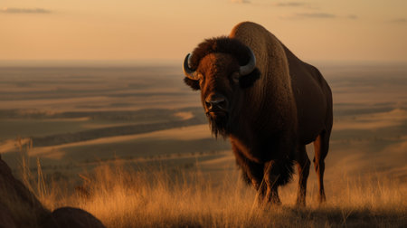 A majestic American Bison standing atop a rocky outcropの素材