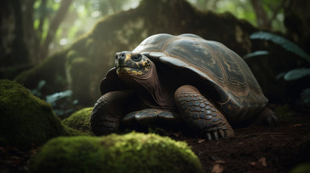 A grand Galapagos Tortoise gradually navigating its way through a verdant, tropical forestの素材