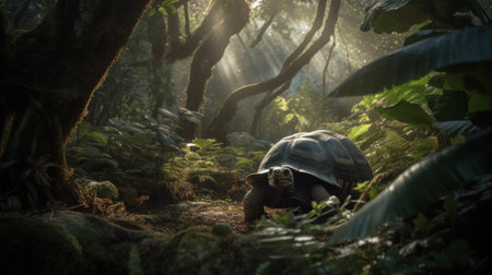 A grand Galapagos Tortoise gradually navigating its way through a verdant, tropical forestの素材