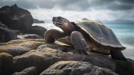 A Galapagos Tortoise sunning itself on a jagged cliff, encircled by the pristine, shimmering oceanの素材