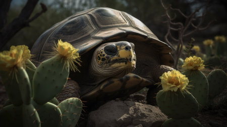 A Galapagos Tortoise, craning its neck to feast on a cactus, its rugged shell contrasting with the soft bloomの素材