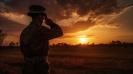A soldier saluting the flag, the sun setting in the backgroundの素材