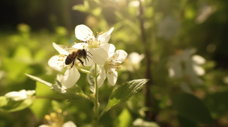 A bee pollinating flowers in a sunny forest clearingの素材