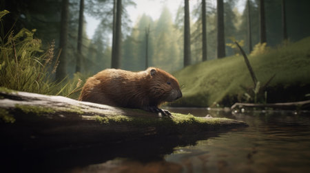A beaver constructing a dam in a forest streamの素材