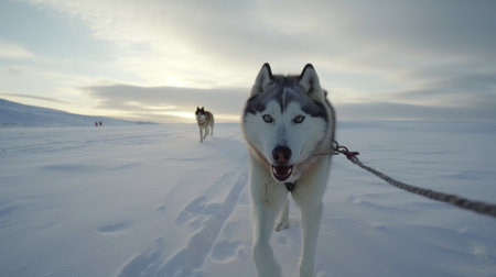 A Siberian Husky pulling a sled through the snowy tundraの素材