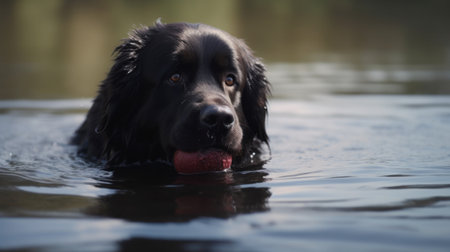 A Newfoundland dog swimming in a lake to retrieve a floating toyの素材
