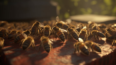 A honeybee colony buzzing around maintaining the hiveの素材