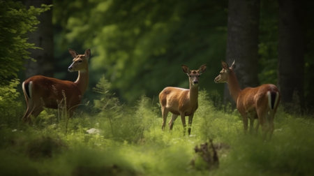 A family of deer quietly grazing in a forest clearingの素材