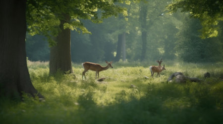 A family of deer quietly grazing in a forest clearingの素材