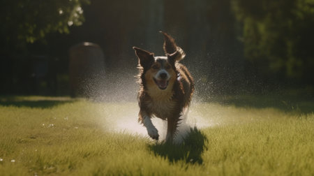 A dog running joyfully through a sprinkler on a hot summer dayの素材