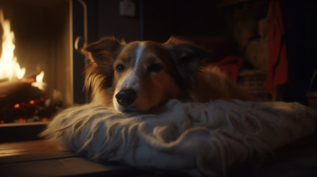 A dog yawning and curling up for a nap in a cozy denの素材