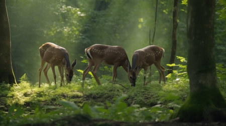 A family of deer quietly grazing in a forest clearingの素材