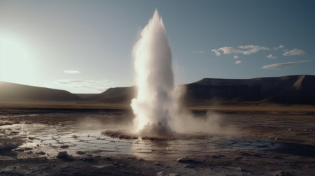 A geyser erupting in an otherwise serene landscapeの素材