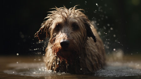 A dog shaking water off its fur after a swimの素材