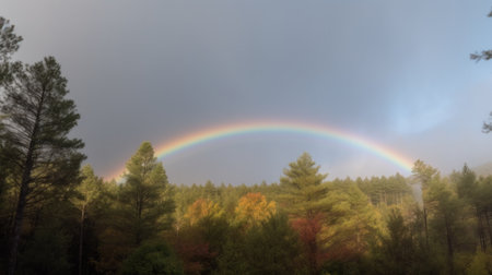 A rainbow arching across the forest sky after a quick rainの素材