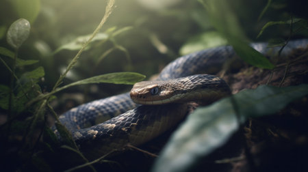 A snake slithering slowly through the undergrowthの素材