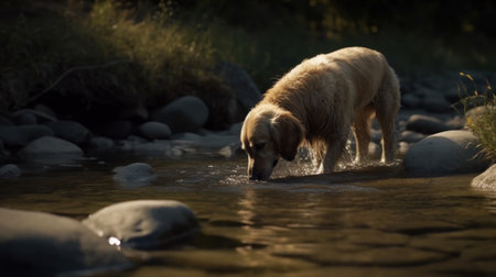A dog quenching its thirst from a flowing riverの素材