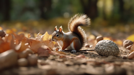 A squirrel gathering and hiding nuts for the winterの素材