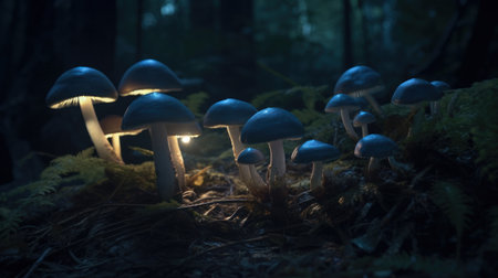 An array of bioluminescent mushrooms lighting up the forest floorの素材
