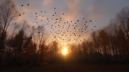 A flock of birds migrating back to the forest after winterの素材