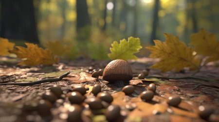 An oak tree dropping its acorns in a quiet forestの素材