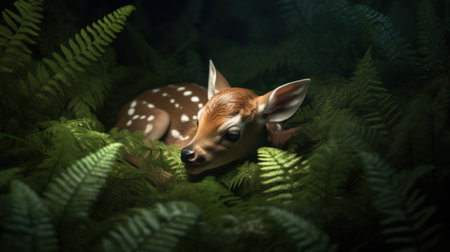 The birth of a fawn hidden in a bed of fernsの素材