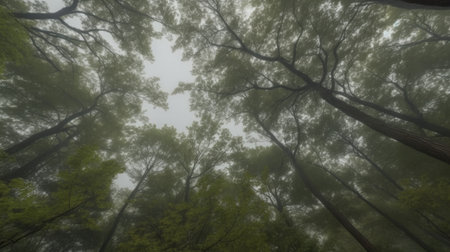 The forest canopy swaying during a windstormの素材