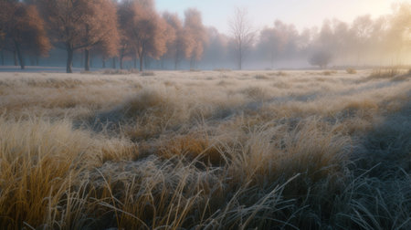 The first frost of winter covering a meadowの素材