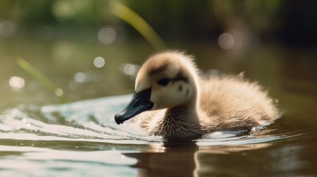 The moment a gosling takes its first plunge into a pondの素材