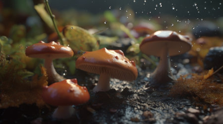 The emergence of various mushrooms and fungi after a rainの素材