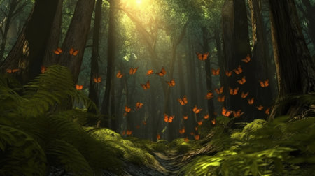 The migration of monarch butterflies through the forestの素材