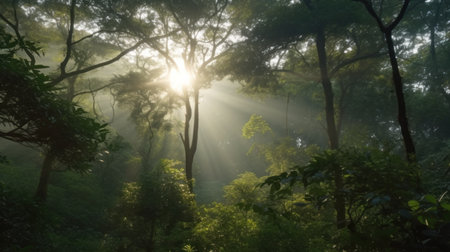 The sun breaking through the forest canopy in the morningの素材