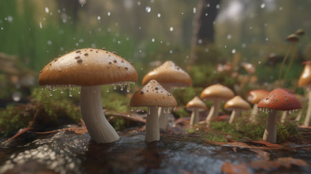 The emergence of various mushrooms and fungi after a rainの素材