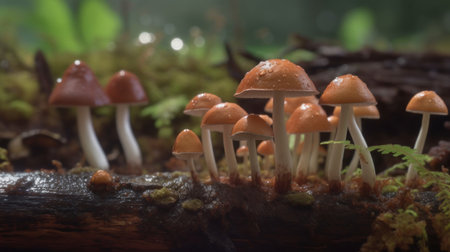 The emergence of various mushrooms and fungi after a rainの素材