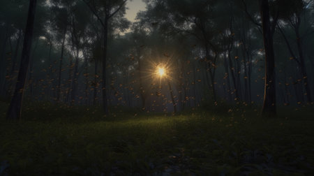 The chirping of crickets filling the forest at duskの素材