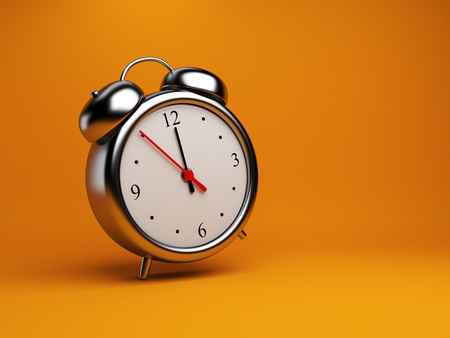 Clock alarm 3D. Time concept. On orange backgroundの写真素材